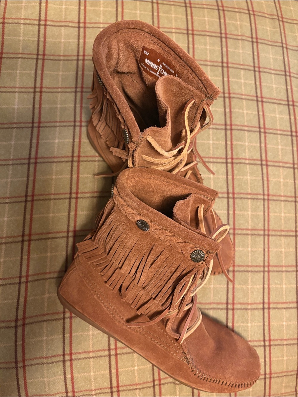 Minnetonka Chestnut Fringe Lace-Up Suede Women's Moccasins